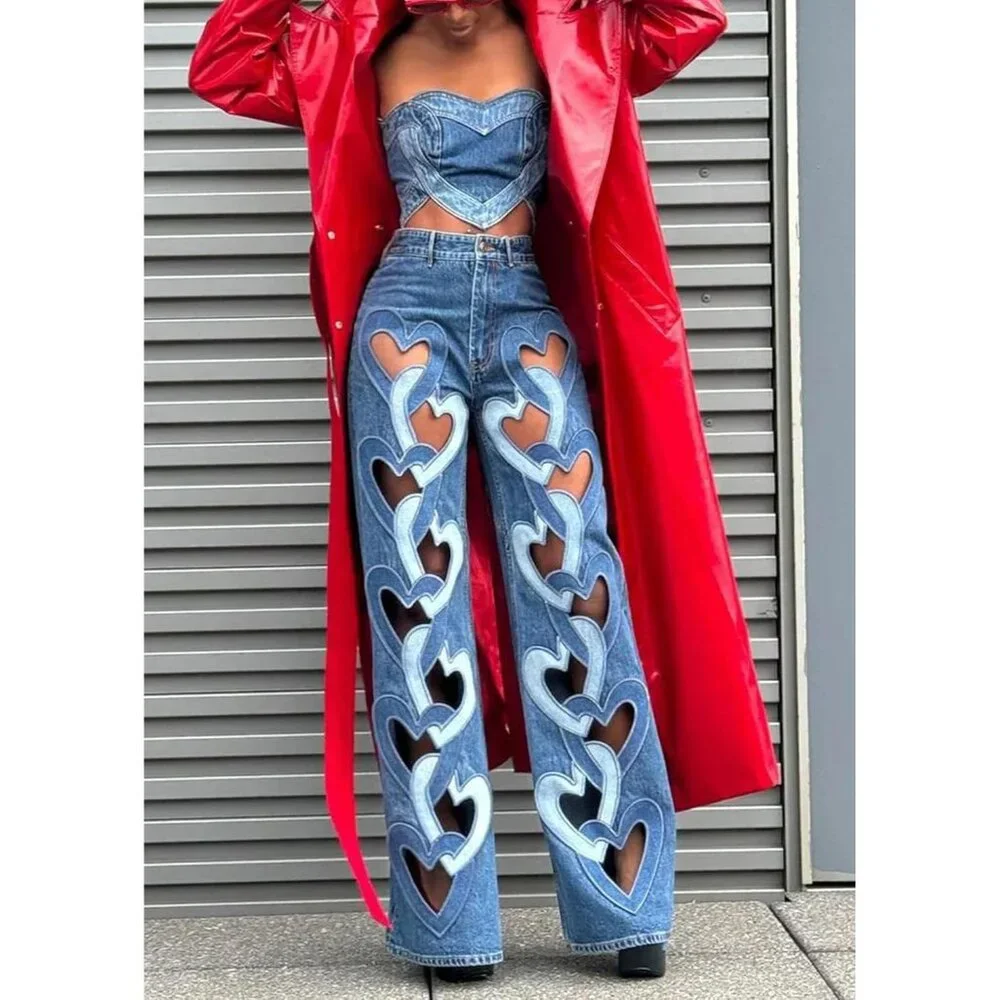 Womens Ripped Heart Cutout Baggy Jeans High Waisted Wide Leg Denim - Picture 3 of 6